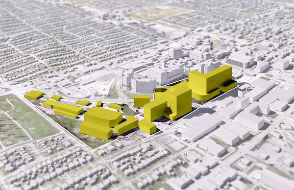 Rendering of Project NeXT at the UNMC Campus with new building highlighted yellow.